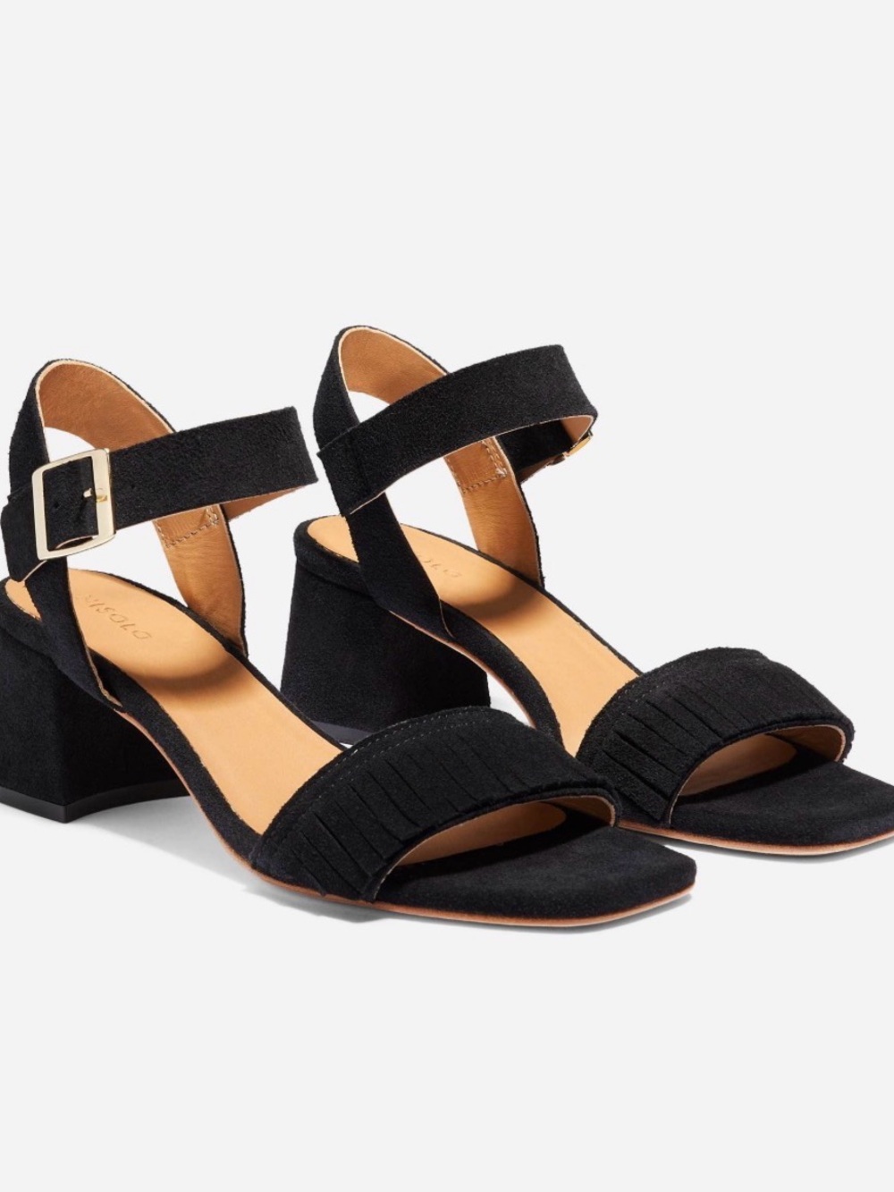 NIB Nisolo Stella Fringe Heel black suede sandal sz 11